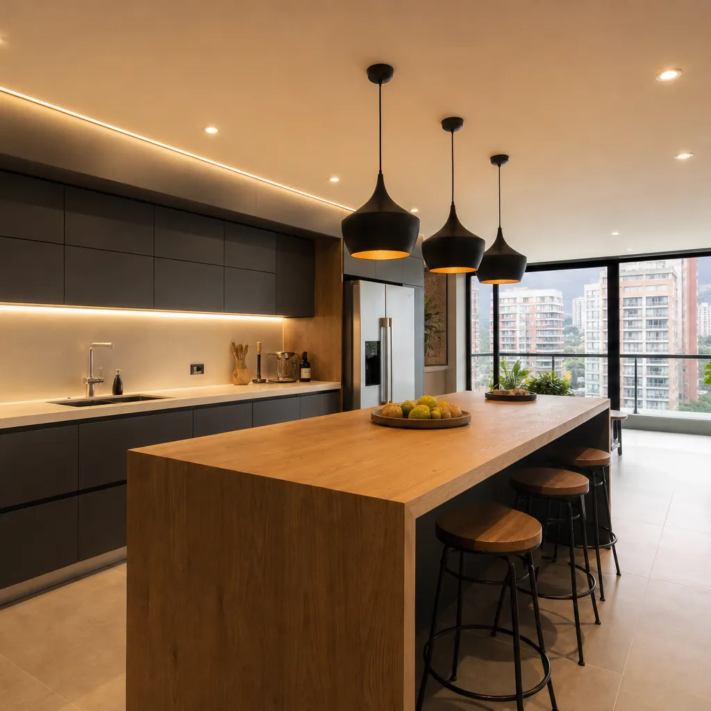 Cocina Integral Grafito — Cocina integral en L con isla y alacenas altas